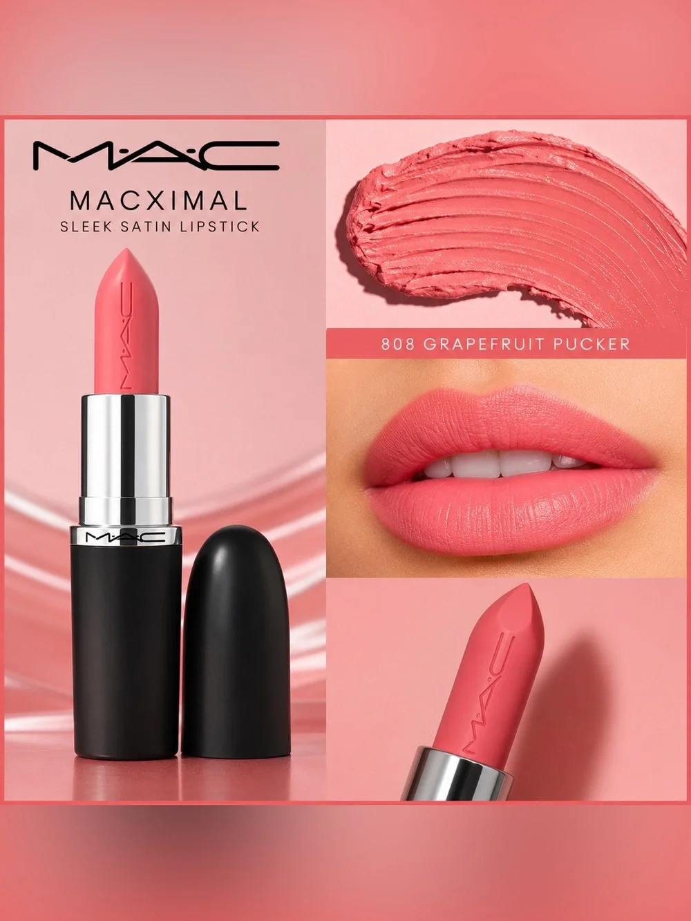 MAC • MACximal Sleek Satin Lipstick • 808 Grapefruit Pucker • New in Box
